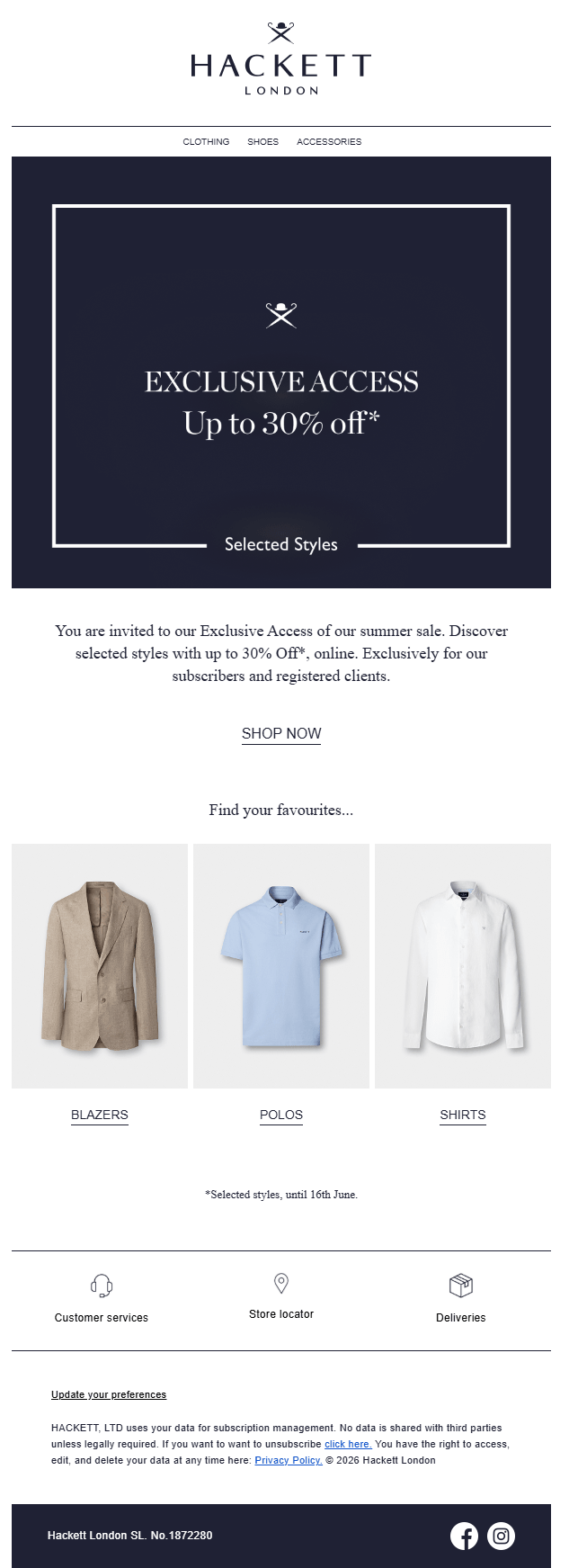 Hackett London's email campaign offering an exclusive access to their summer sale, including top product categories and a Shop Now CTA button.