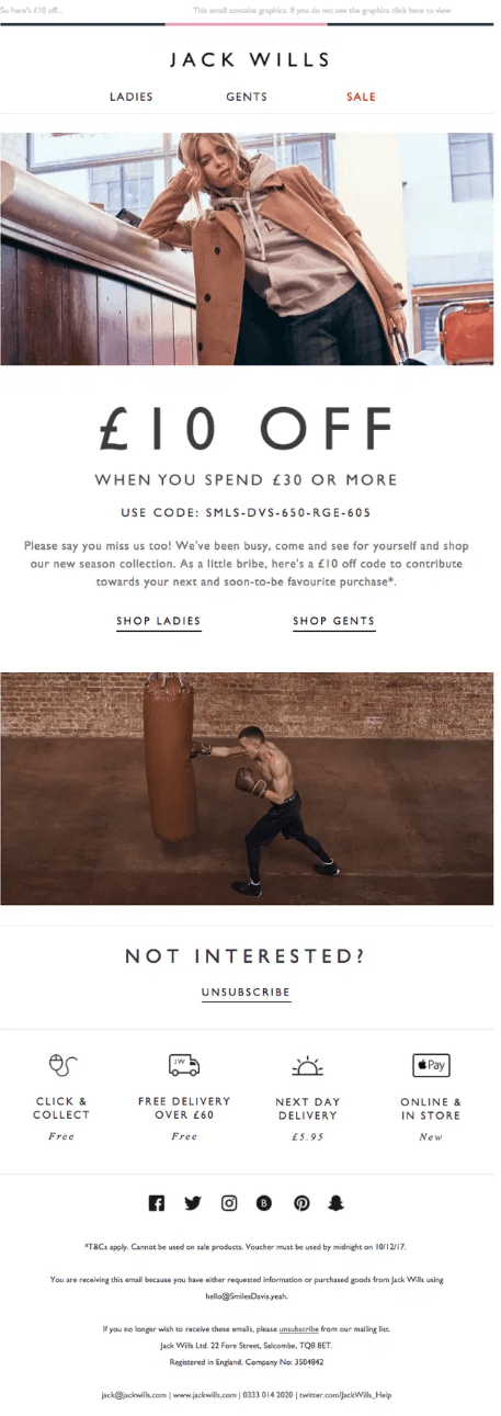 Jack Wills' win-back email offers a discount for the next purchase to dormant customers, and an unsubscribe section for those who wish to opt out.