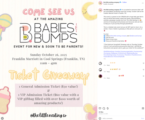Little Nesting Company's giveaway Instagram post includes the contest rules and prizes to increase participation.