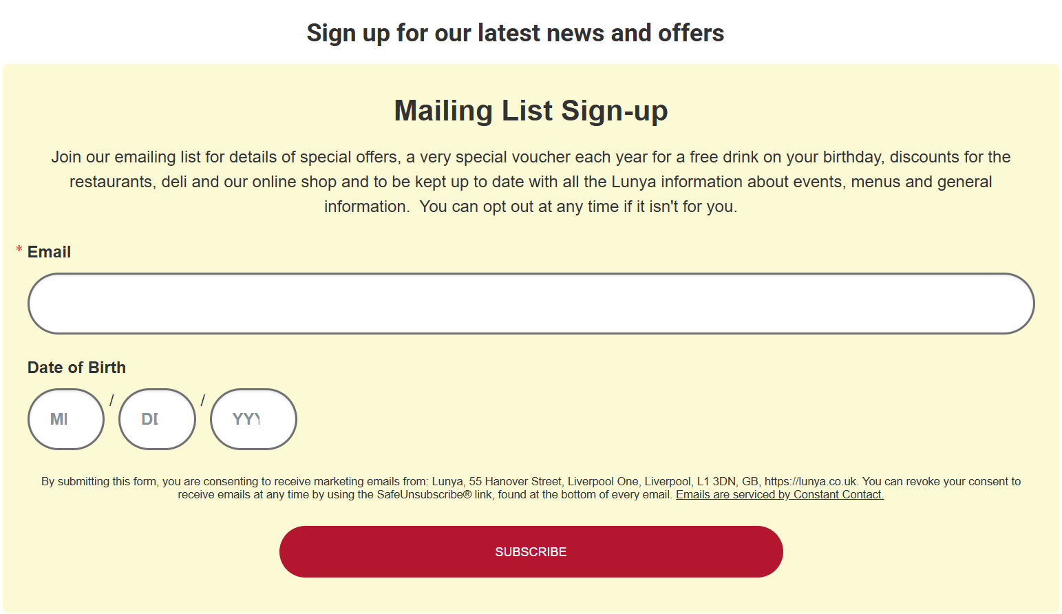 Lunya's sign-up form including an email address and a date of birth, and a subscribe call-to-action. The copy set expectations for new subscribers, informing them they can opt out any time they want.