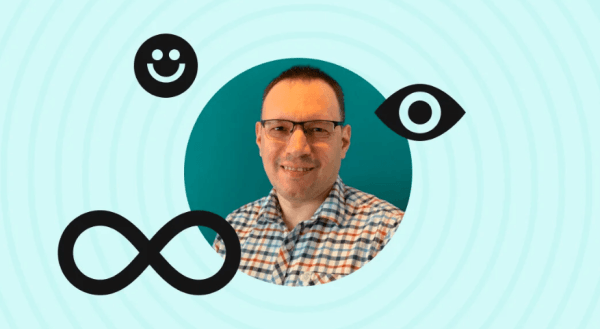 Headshot of email typography expert Paul Airy surrounded by decorative graphic elements.