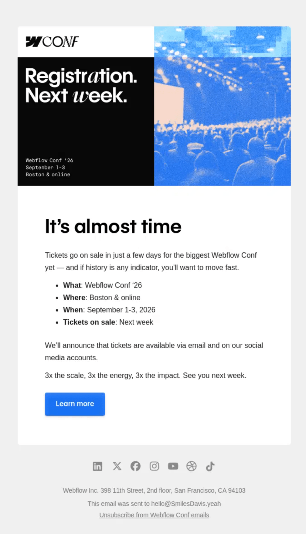 Webflow's conference teaser email announces when registrations will be open and includes important information about the event, such as date and location.