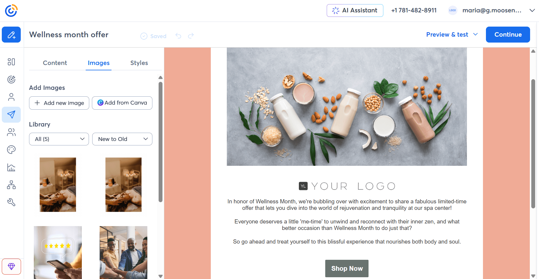 A screenshot of Constant Contact's email editor with an option to import designs directly from Canva and use them as image blocks during email creation