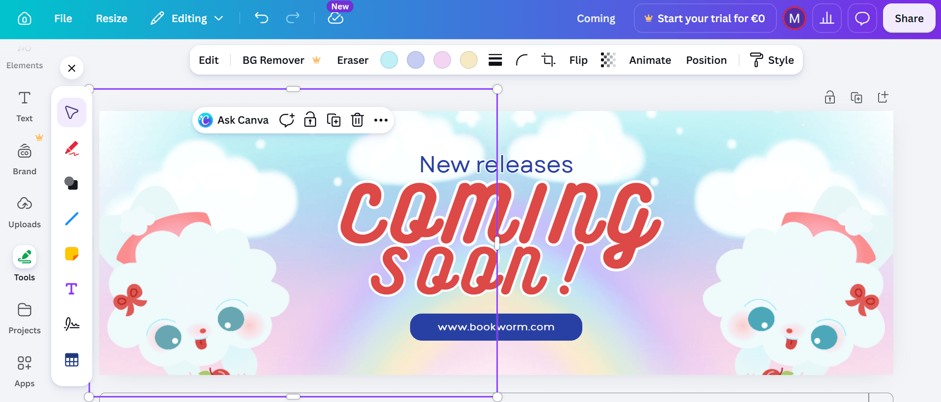 An image of Canva's editor interface showing customization toolbars to tweak the design of a ready-made header template