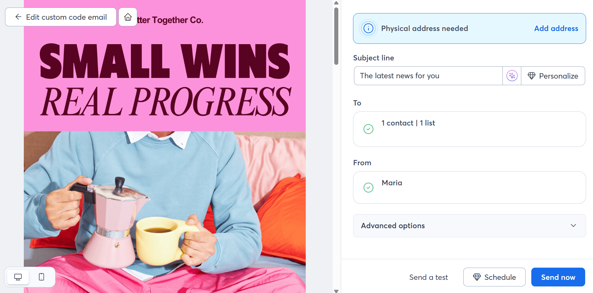 A screenshot showing email campaign setup inside Constant Contact with a Canva template preview on the left and campaign settings on the right