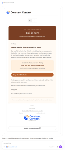 An image of how Constant Contact ChatGPT app displays a live preview of the generated email and lets you send it directly to your Constant Contact account for further editing and scheduling.