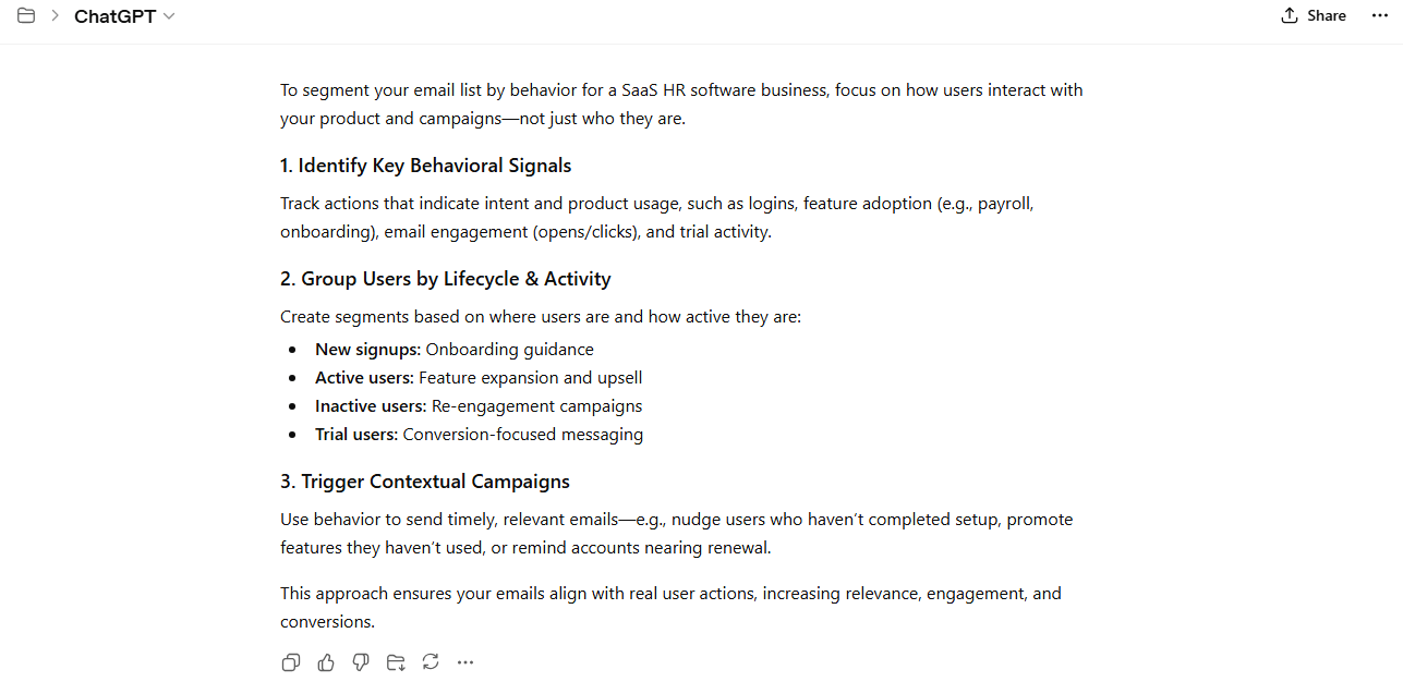 AI-generated output with best practices for successful behavioral segmentation.