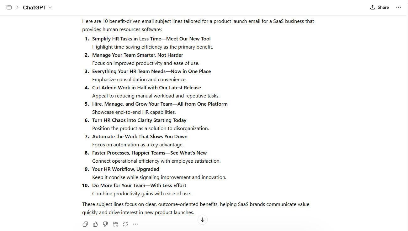 AI output for email prompt requesting 10 benefit-driven subject lines for SaaS businesses.