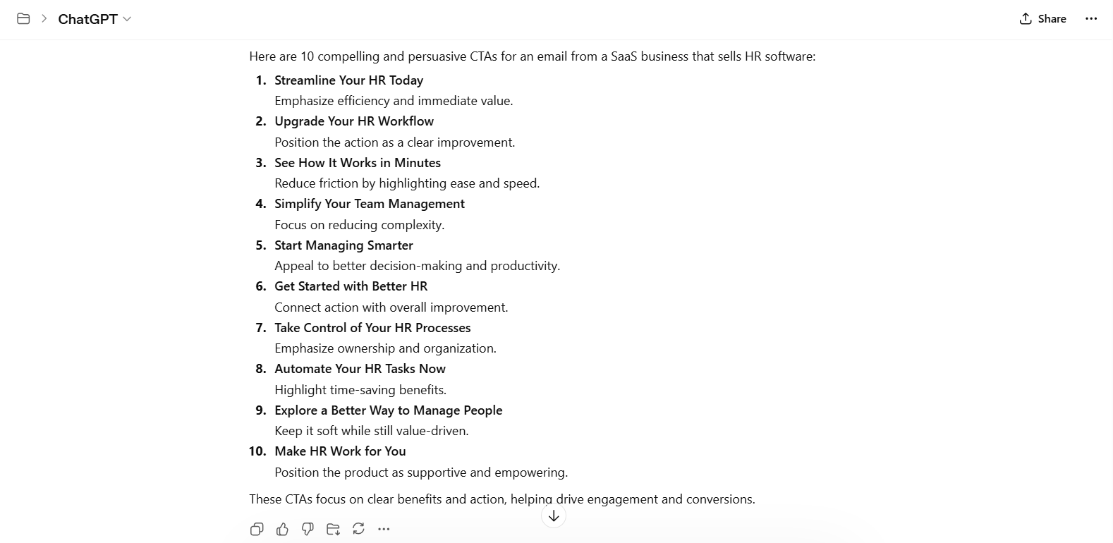 ChatGPT's output of persuasive calls to action for a SaaS email.