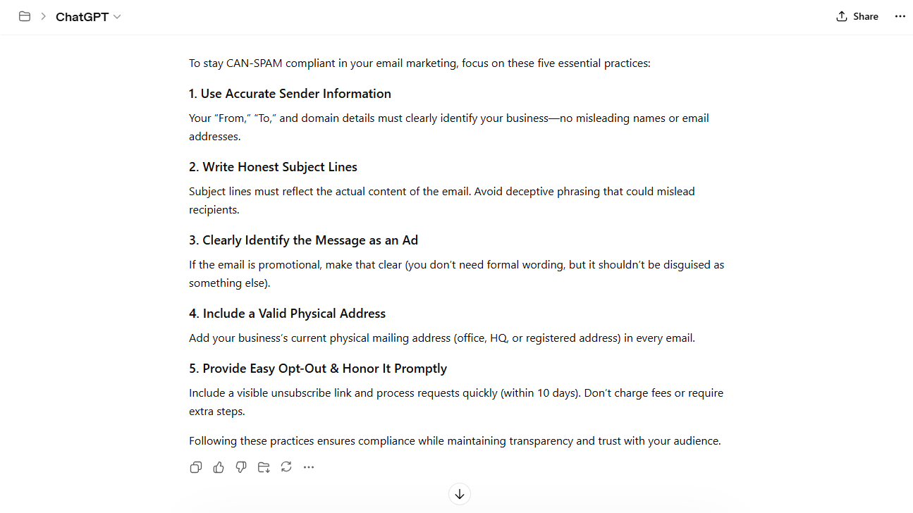 CAN SPAM compliance tips for email marketing generated by ChatGPT.
