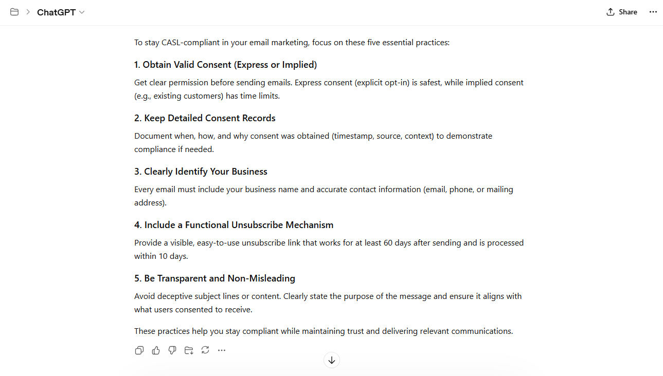 Listicle with CASL compliance email marketing strategies generated by ChatGPT.