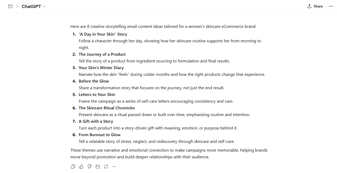 Creative storytelling email content ideas for a women's skincare business generated by ChatGPT.