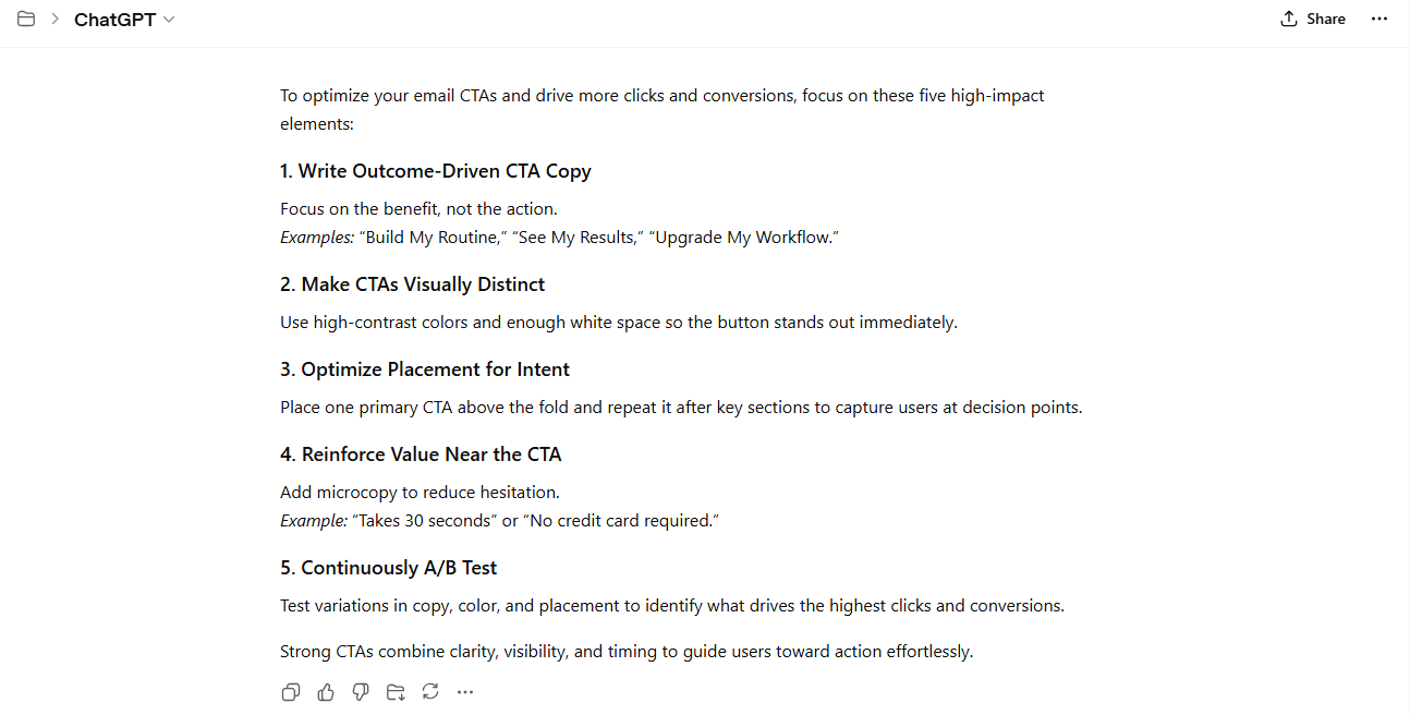 CTA design and placement tips generated by ChatGPT.