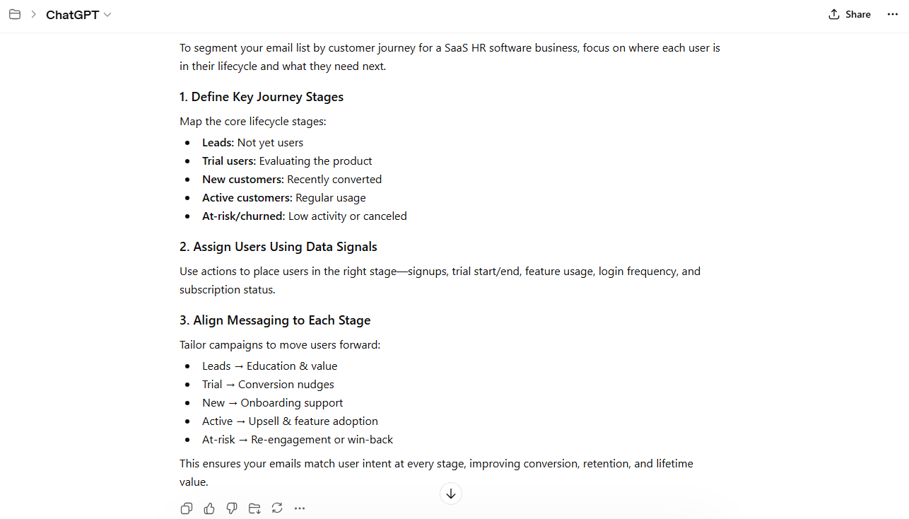 ChatGPT prompt for email list segmentation by customer journey, including the output with different types of information.