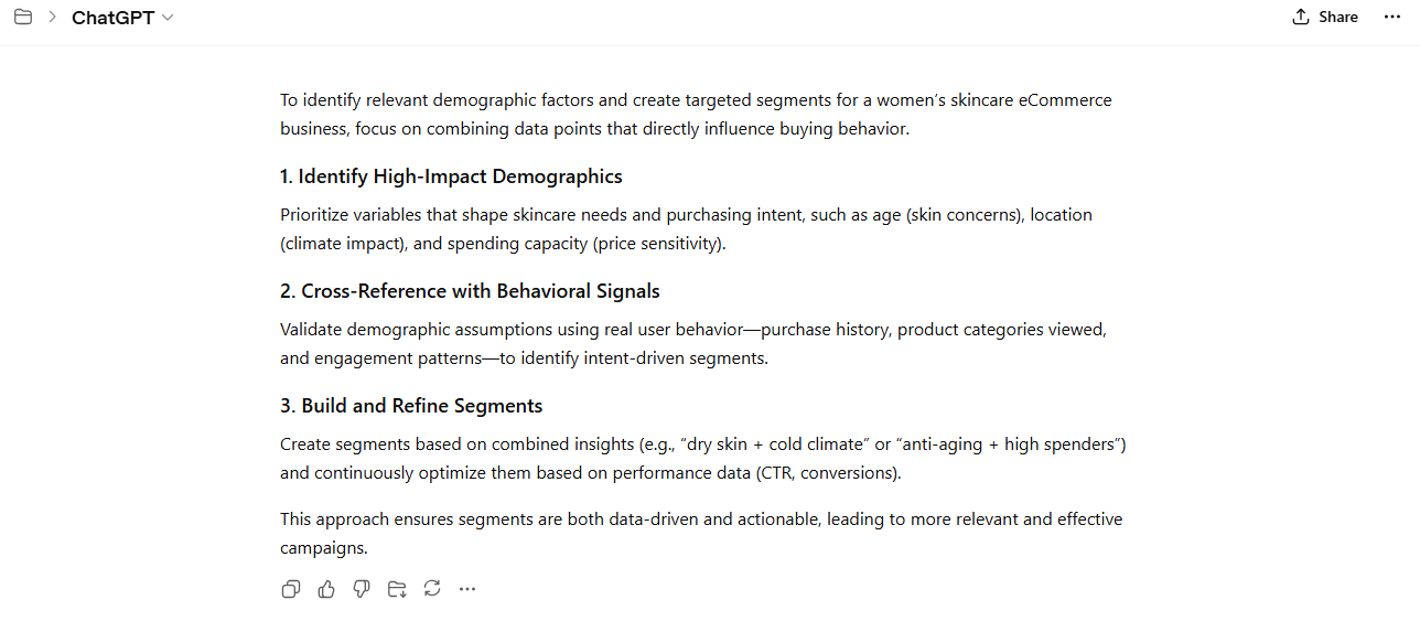 ChatGPT's recommendations for effective demographic email segmentation.
