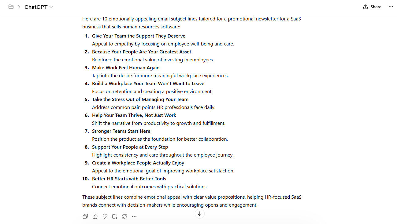 ChatGPT prompt and output for emotionally appealing subject lines with explanations, tailored to SaaS businesses.