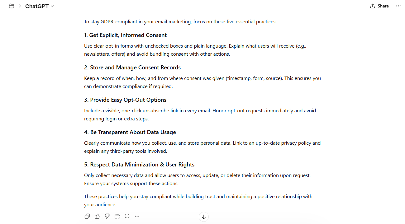AI prompt and output regarding GDPR compliance in email marketing.
