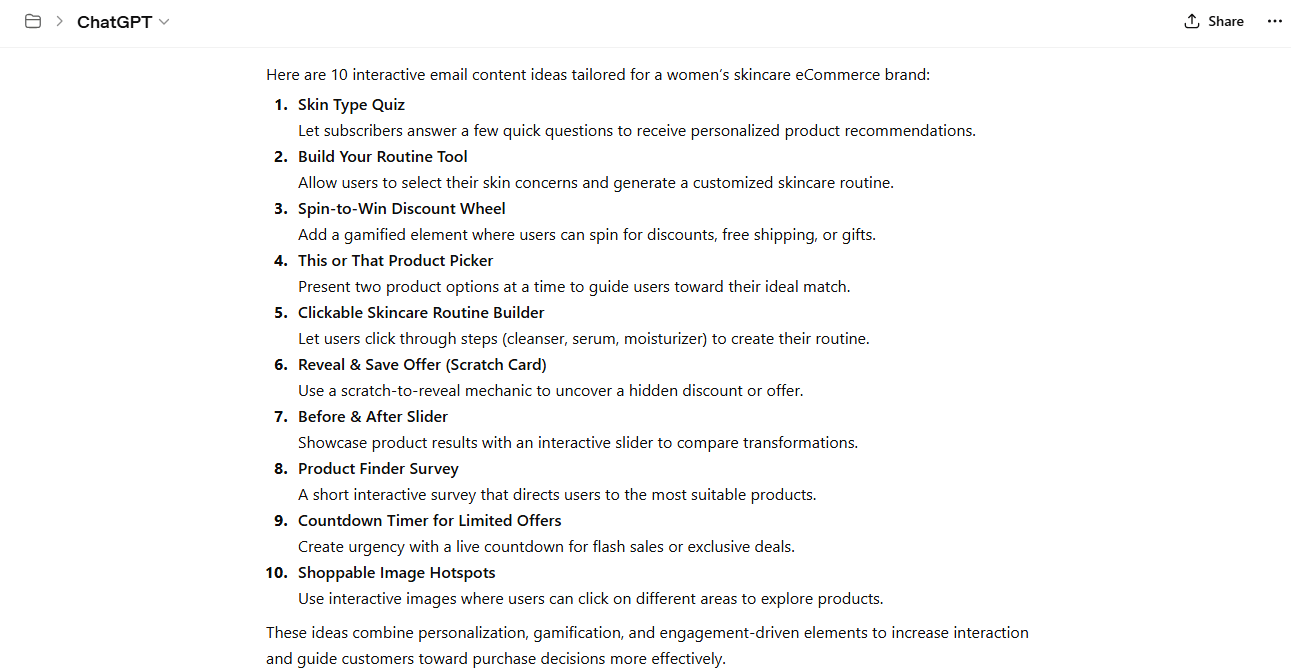 Interactive email content ideas generated by AI for a women's skincare ecommerce brand.