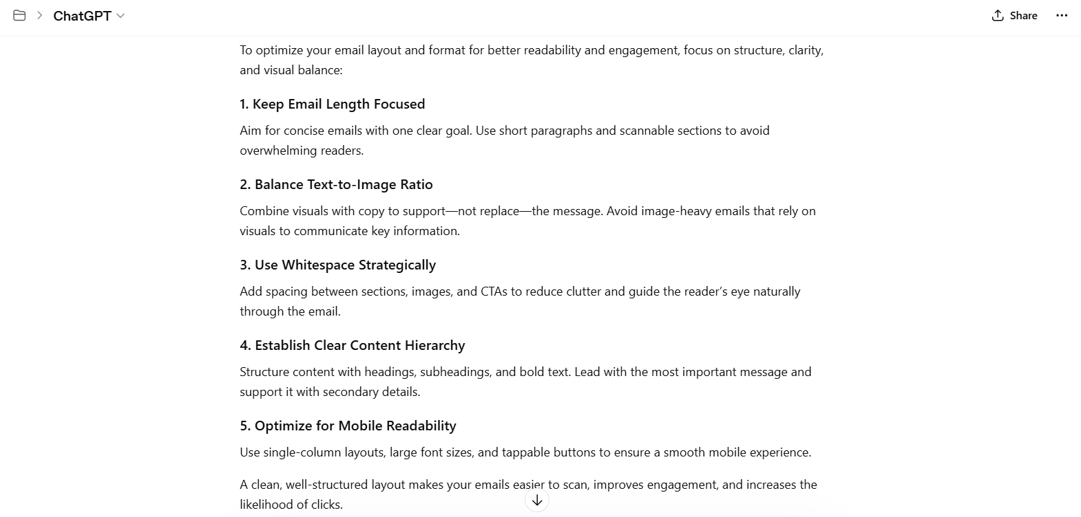  AI-generated list with best email layout and format practices to improve readability.