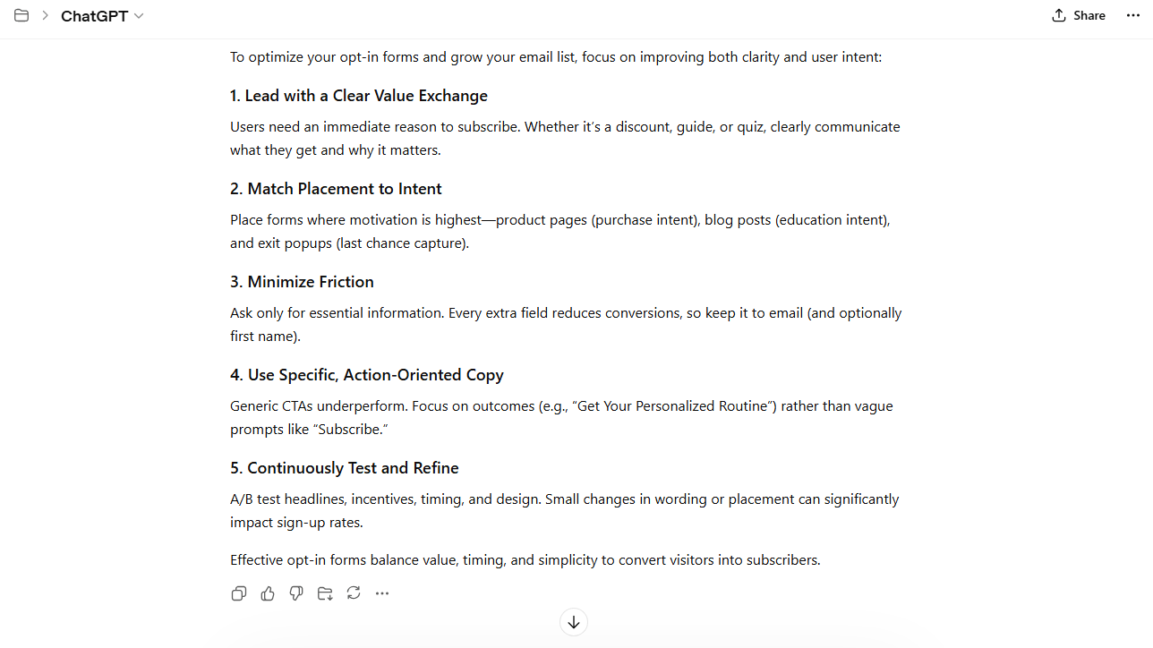 ChatGPT's prompt and output for opt-in form optimization tips in the form of a listicle.