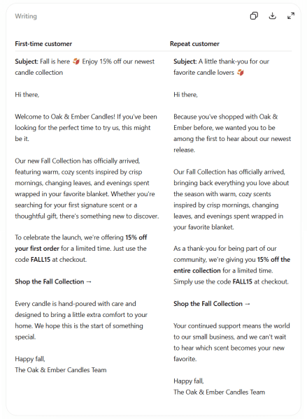 An image showing how ChatGPT can rewrite the same promotional email for first-time and repeat customers, adjusting the messaging and offer. 