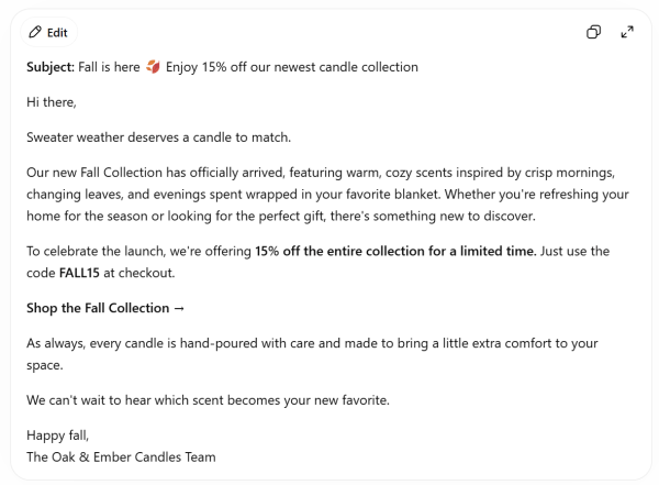 An image showing ChatGPT output for a promotional email, including a subject line, body copy, and call to action.