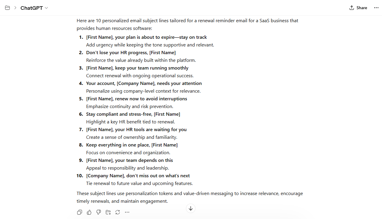 AI output for personalized subject lines tailored to a SaaS business.