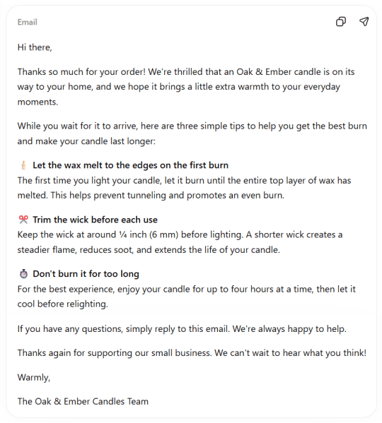 A screenshot of an AI-generated post-purchase email thanking customers for their order while sharing practical candle care tips to improve their experience. 