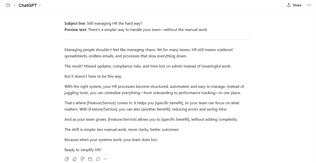 ChatGPT output for a prompt requesting a benefit and solution-focused email body for a SaaS business selling human resources software.