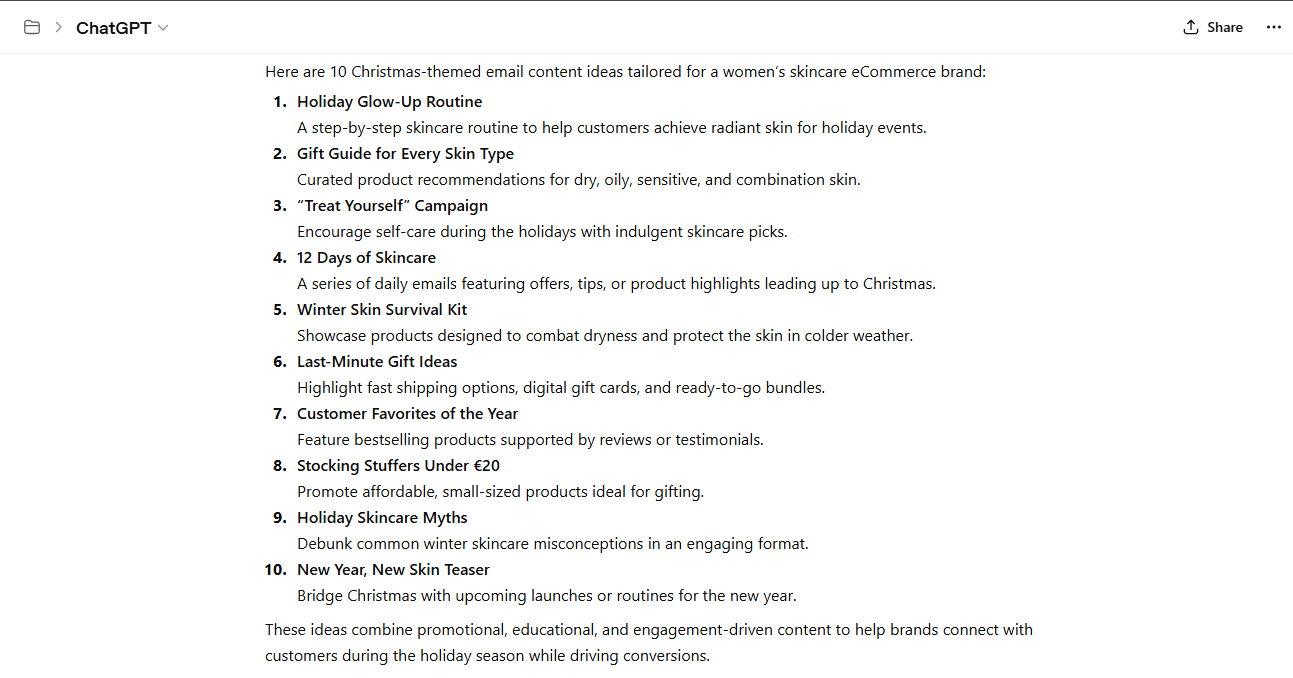 ChatGPT's output for Christmas-related email ideas for a hypothetical ecommerce business selling women's skincare products.
