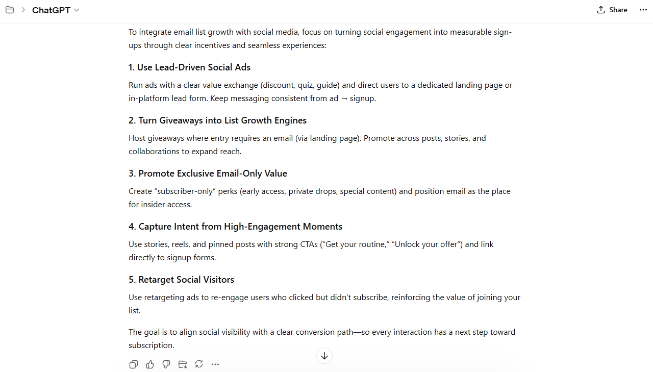 Ai-generated ideas for combining social media with email list growth.