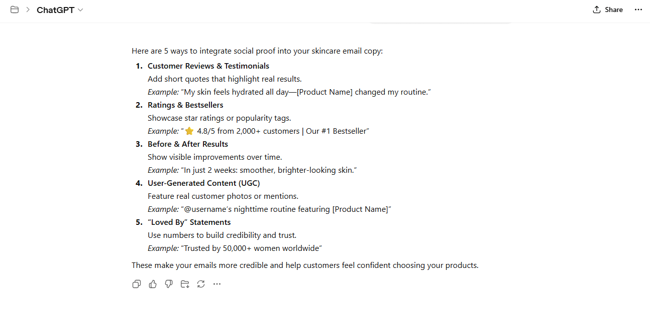 AI-generated ideas on how to integrate social proof into the email copy a skincare brand.