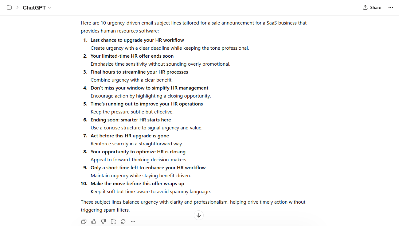 AI generated urgency-driven subject line ideas for a sales announcement made for a human resources software business.