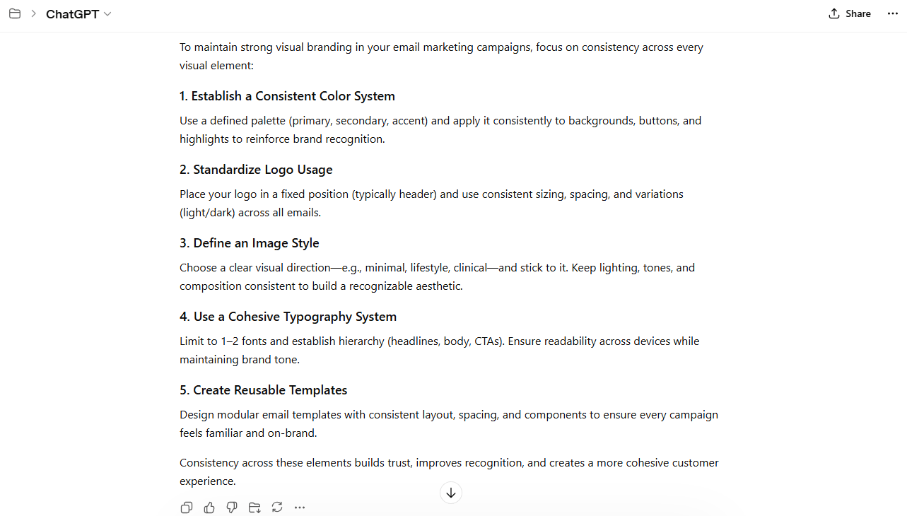 AI prompt and results for visual branding strategies for email marketing campaigns. 