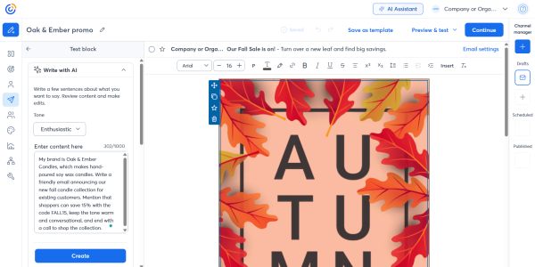 An image of Constant Contact's built-in AI writer that lets you enter a prompt, choose a writing tone, and generate email copy directly inside the campaign editor.