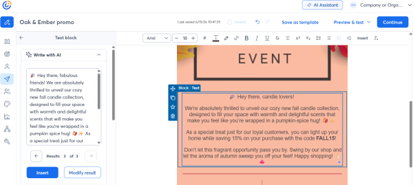An image from Constant Contact's email editor showing how AI-generated email copy is automatically placed into the campaign editor, ready for review and further editing.