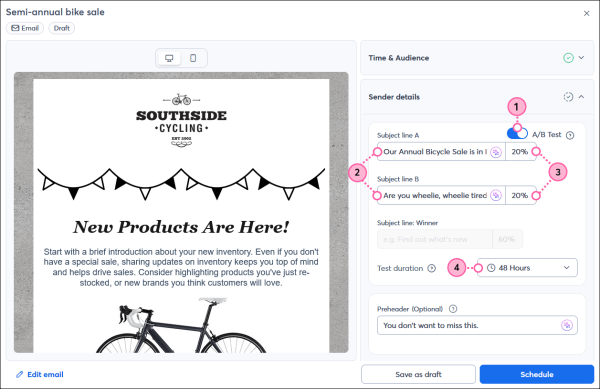 This is a screenshot showing Constant Contact's subject line A/B testing settings. The interface includes an option to enable A/B testing, enter two subject line variations, choose the percentage of subscribers for the test, and set the test duration before the winning subject line is automatically sent to the remaining audience.