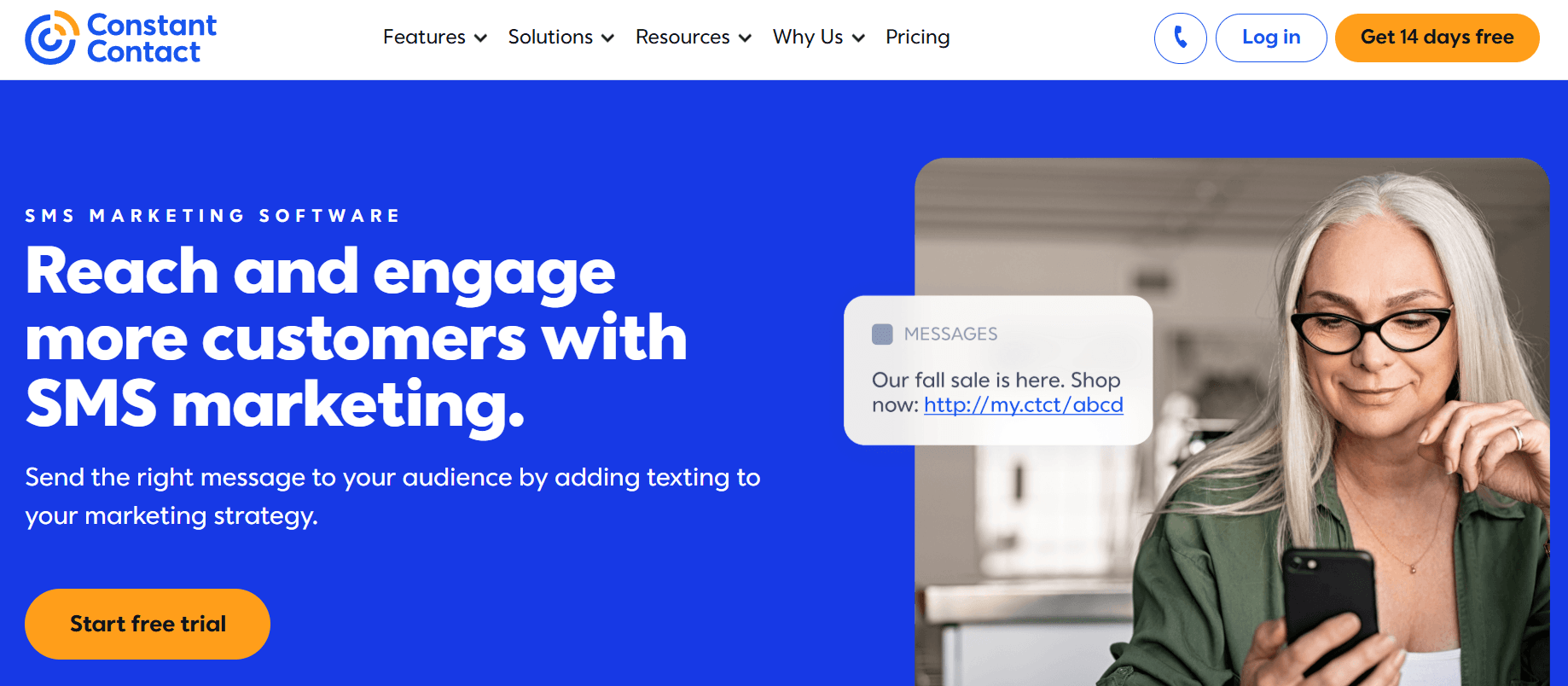 This is an image of Constant Contact's SMS marketing tool's page.