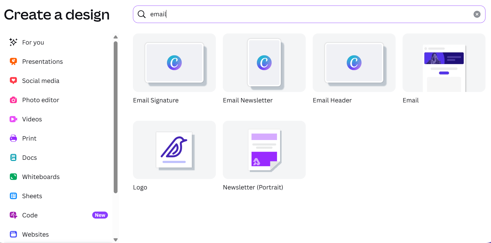 A screenshot of Canva's interface with element types for email creation and a left-side panel with more design options