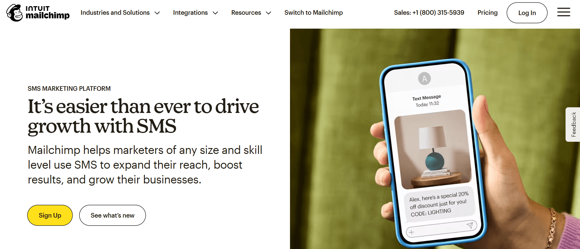 This is an image of Mailchimp&rsquo;s SMS marketing product page.