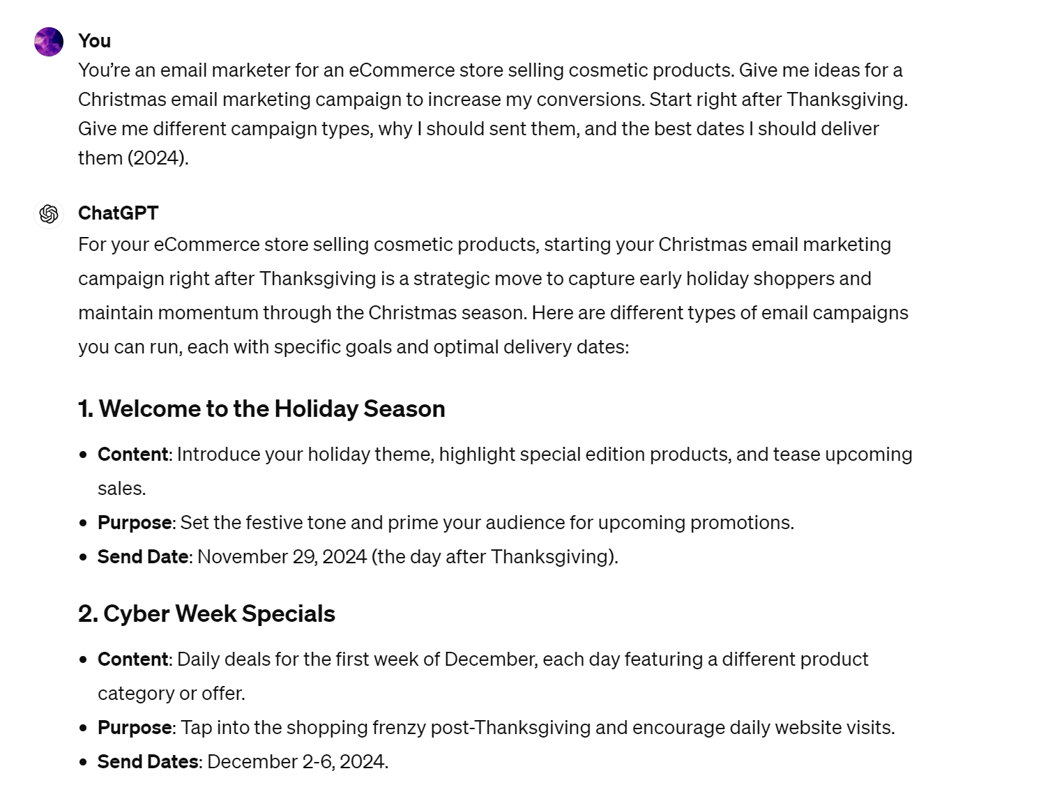 Email prompt for Christmas email marketing campaigns crafted with the CREATE framework. It also includes the first part of the output.