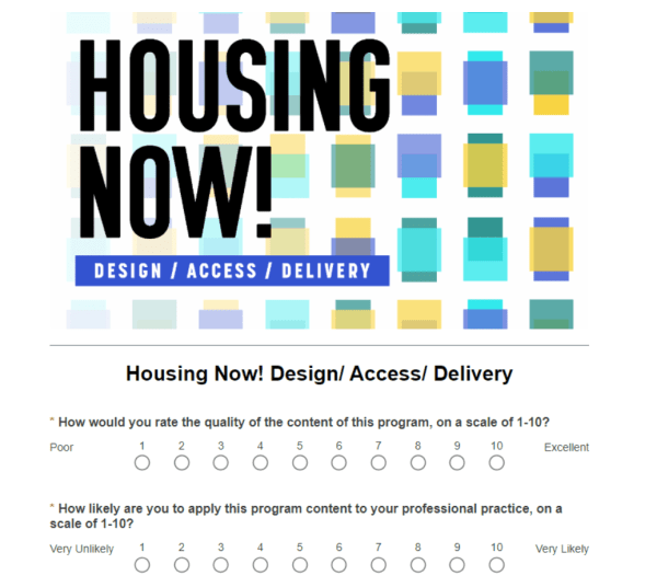 AIA Seattle's post-event feedback form includes brief, scaled question to evaluate the success of their program.