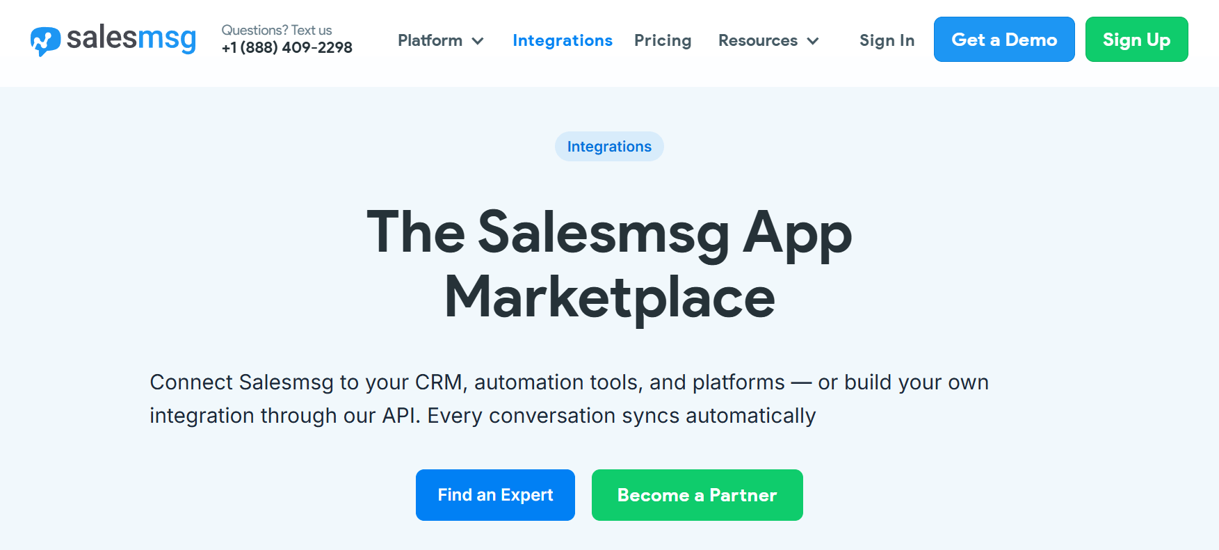 This is an image of Salesmsg&rsquo;s Integrations page.