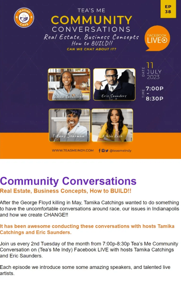 An image of an email newsletter promoting Tea's me Cafe Community Conversations on Facebook Live that also sums up the latest session