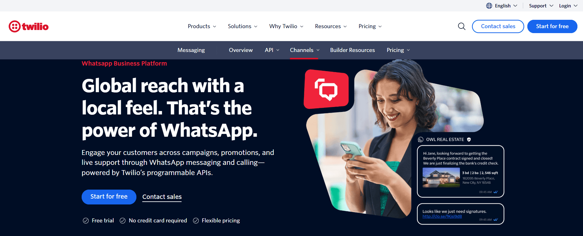 This is an image of Twilio&rsquo;s WhatsApp feature page.