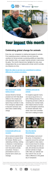 Humane World for Animals uses its newsletter to show supporters the impact of their contributions through recent stories and updates. 