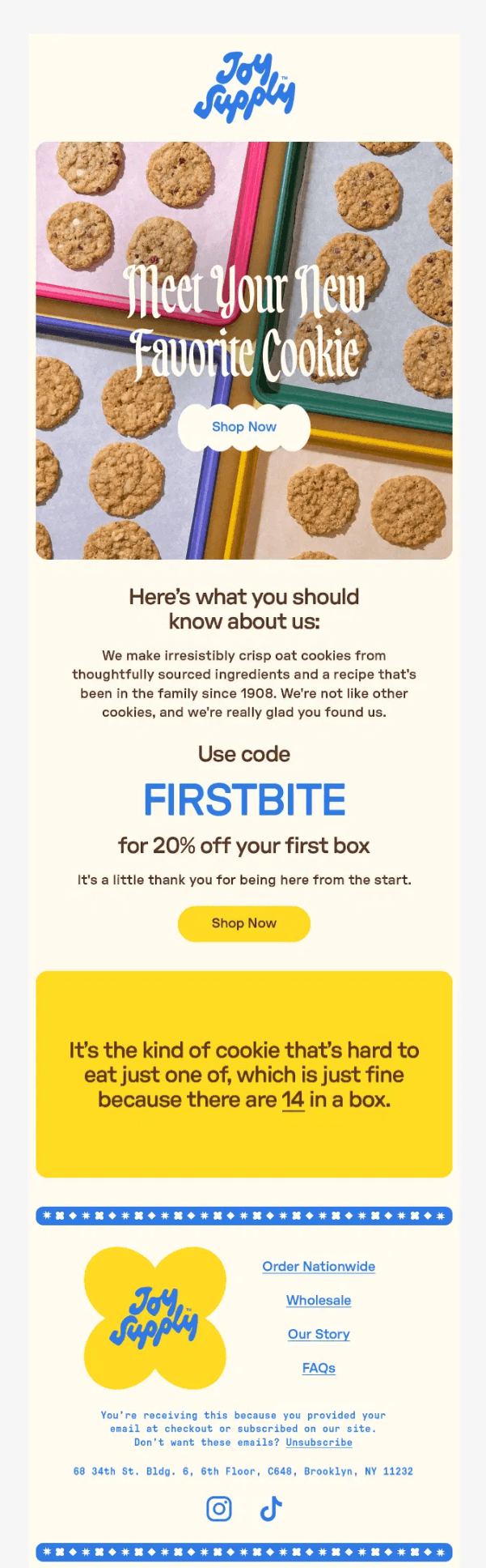 Joy Supply's welcome email content includes a photo of the cookies, a brief business description, and a 20% off the first order, followed by a 'Shop Now' call-to-action button.
