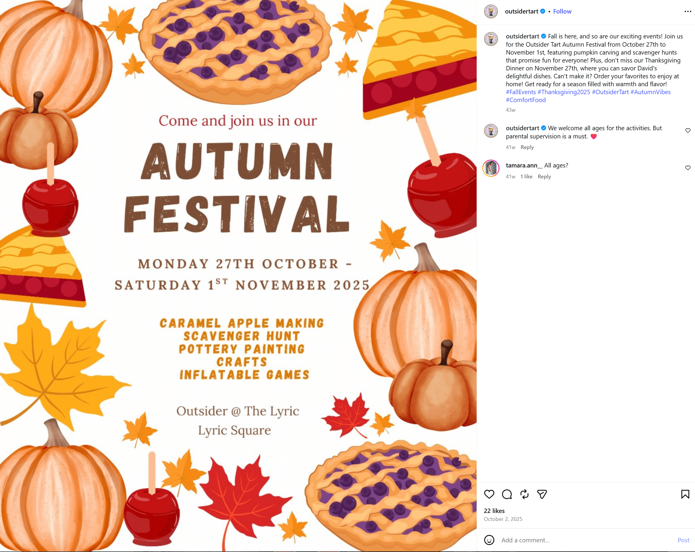 Instagram post of Outsider Tart's Autumn festival announcement, with Thanksgiving-y graphic elements and important event information, such as dates and location.