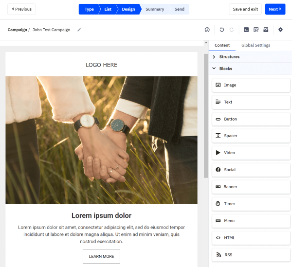 This is an image of ActiveCampaign email designer showing a promotional campaign with an image, CTA button, and customizable content blocks including text, video, social, timer, and HTML.