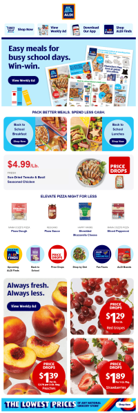 ALDI&rsquo;s weekly newsletter turns current deals into timely meal ideas, with quick links to shop by category.